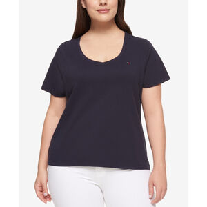 Tommy Hilfiger Plus Size 1X Navy Blue V-Neck Short Sleeve 100% Cotton Tee NWT